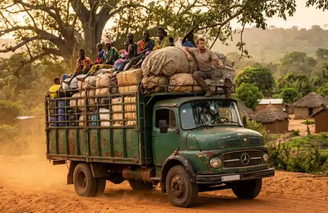 A man with light hair and blue eyes sits atop a crowded green vintage transport truck loaded with cargo, traveling through a dusty rural village in the wild landscapes of Guinea, West Africa.