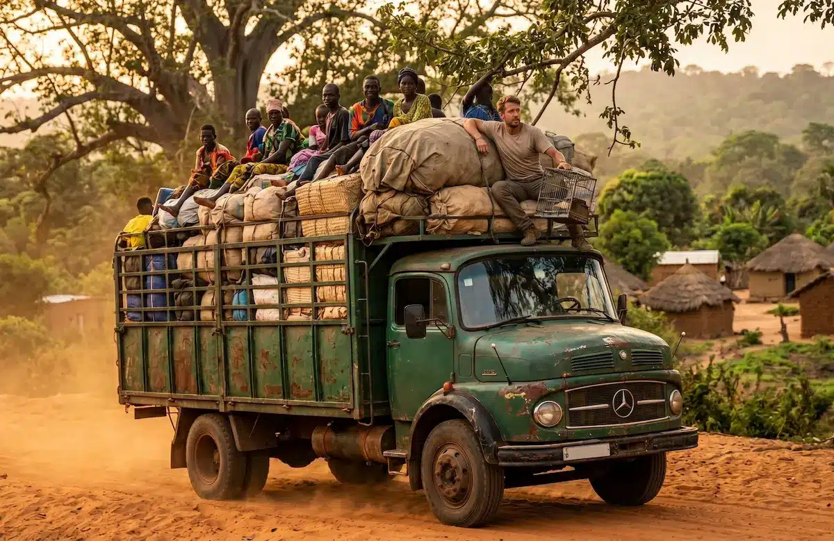 A man with light hair and blue eyes sits atop a crowded green vintage transport truck loaded with cargo, traveling through a dusty rural village in the wild landscapes of Guinea, West Africa.
