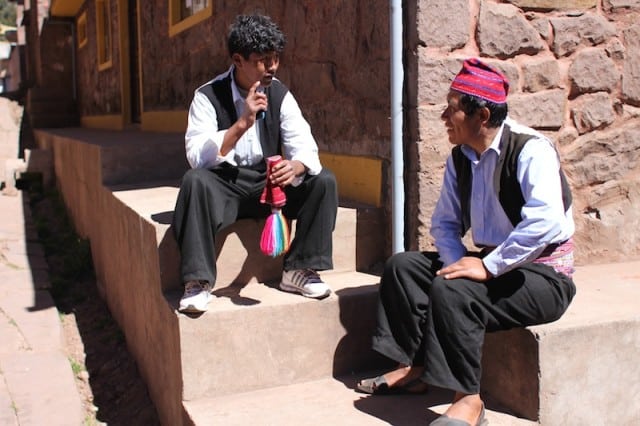 Locals chatting in Taquile's square