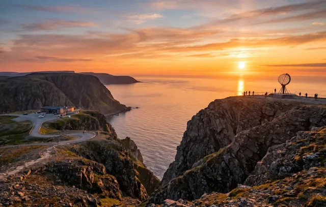 he Midnight Sun shining over the sea at Nordkapp Norway