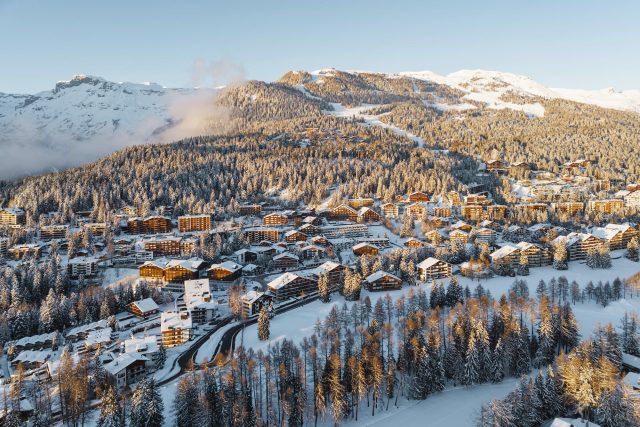 crans montana winter view of town