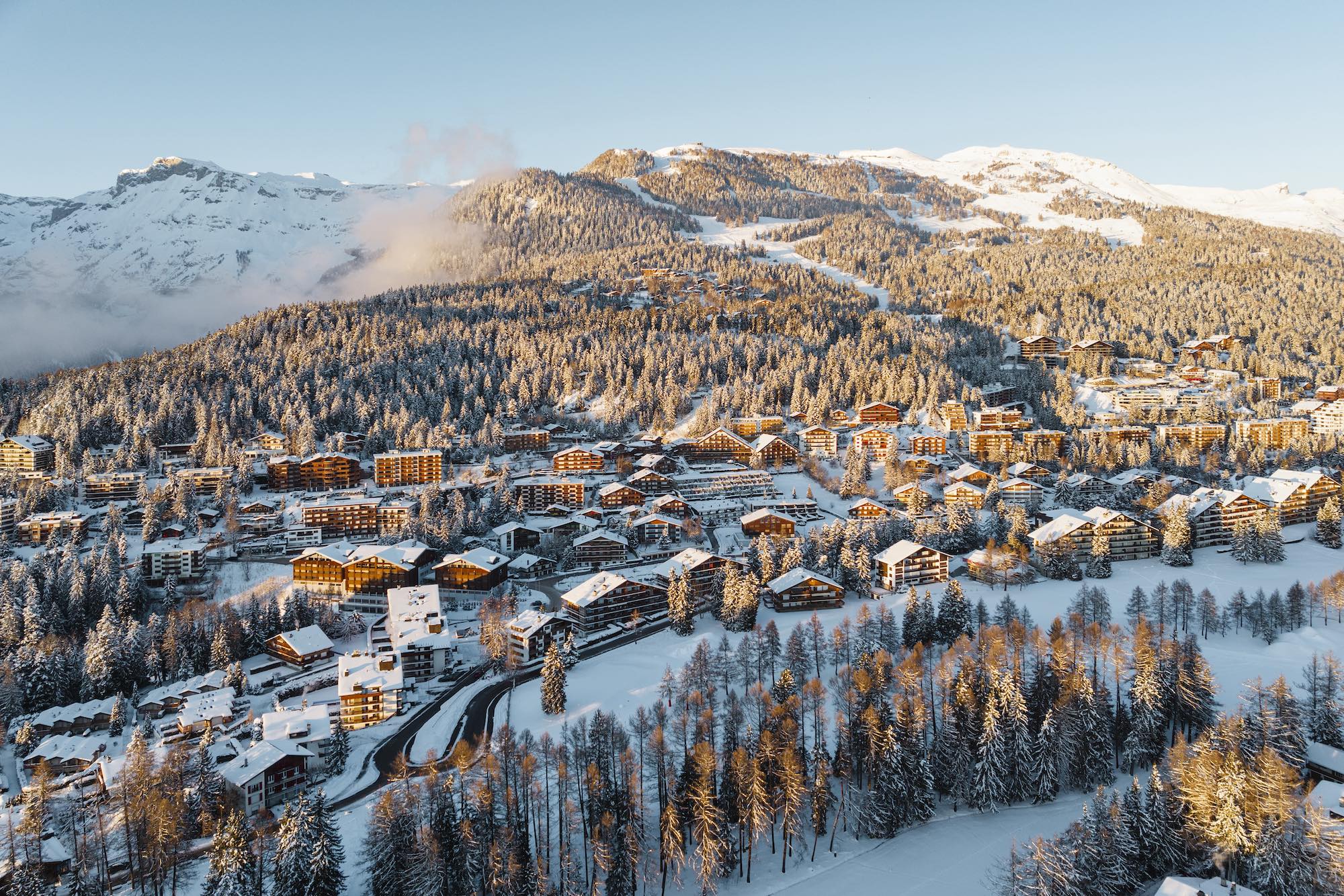 crans montana winter view of town