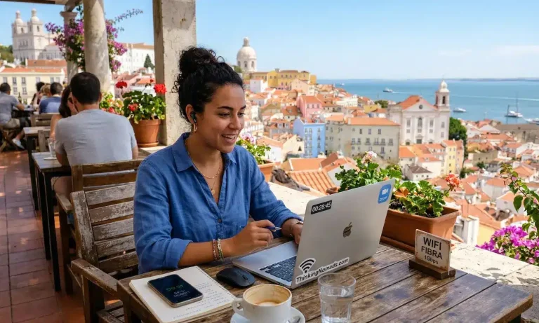 A smiling digital nomad with dark curly hair sits at a wooden cafe table on a sunlit terrace overlooking the historic rooftops of Lisbon, Portugal. She is working on a laptop with a video call visible on the screen, surrounded by a coffee, notebook, and a small sign that reads "WIFI FIBRA." The Tagus River and the city's iconic colorful buildings are visible in the background.