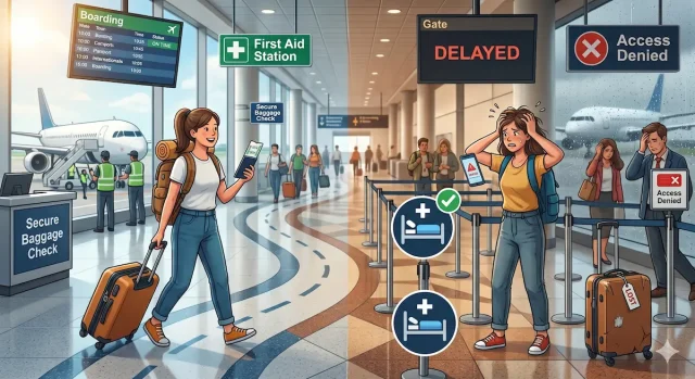 A split-screen comparison of a happy traveler with reliable insurance vs. a stressed traveler at an airport with a "Claim Denied" notification, illustrating why to compare travel insurance online for value over price