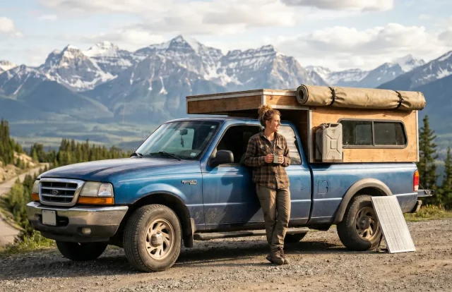 A traveler leans against a blue budget truck with a DIY wooden camper shell, parked on a gravel overlook with the snow-capped Rocky Mountains of Calgary in the background.