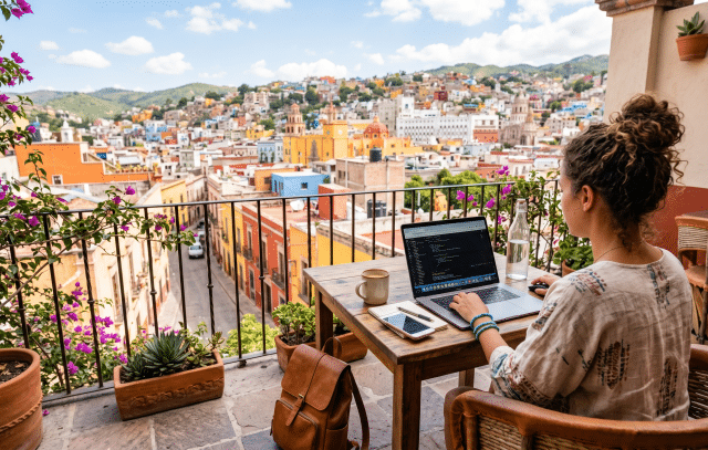 A digital nomad with curly hair sits at a wooden balcony desk with her laptop, overlooking a colourful hillside town in Mexico under a sunny sky.