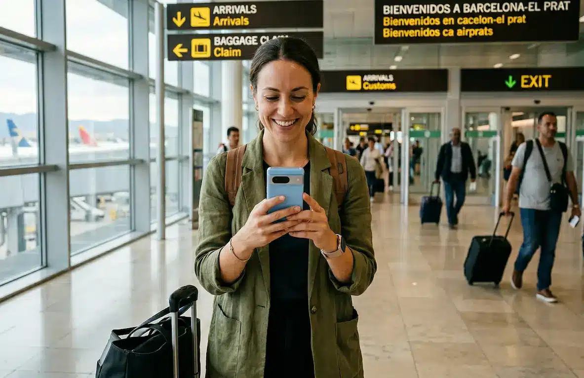 girl at airport using phone to connect to internet