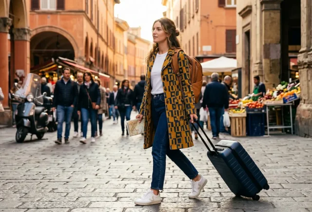 Woman in retro 70s jacket traveling in Italy