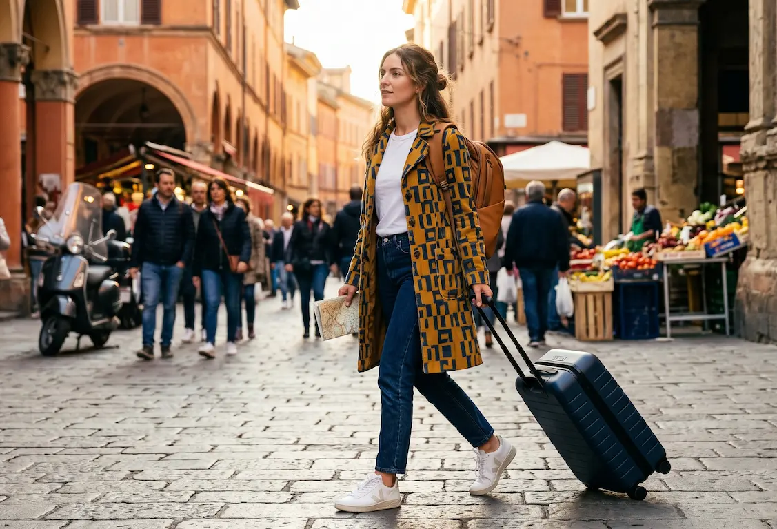 Woman in retro 70s jacket traveling in Italy