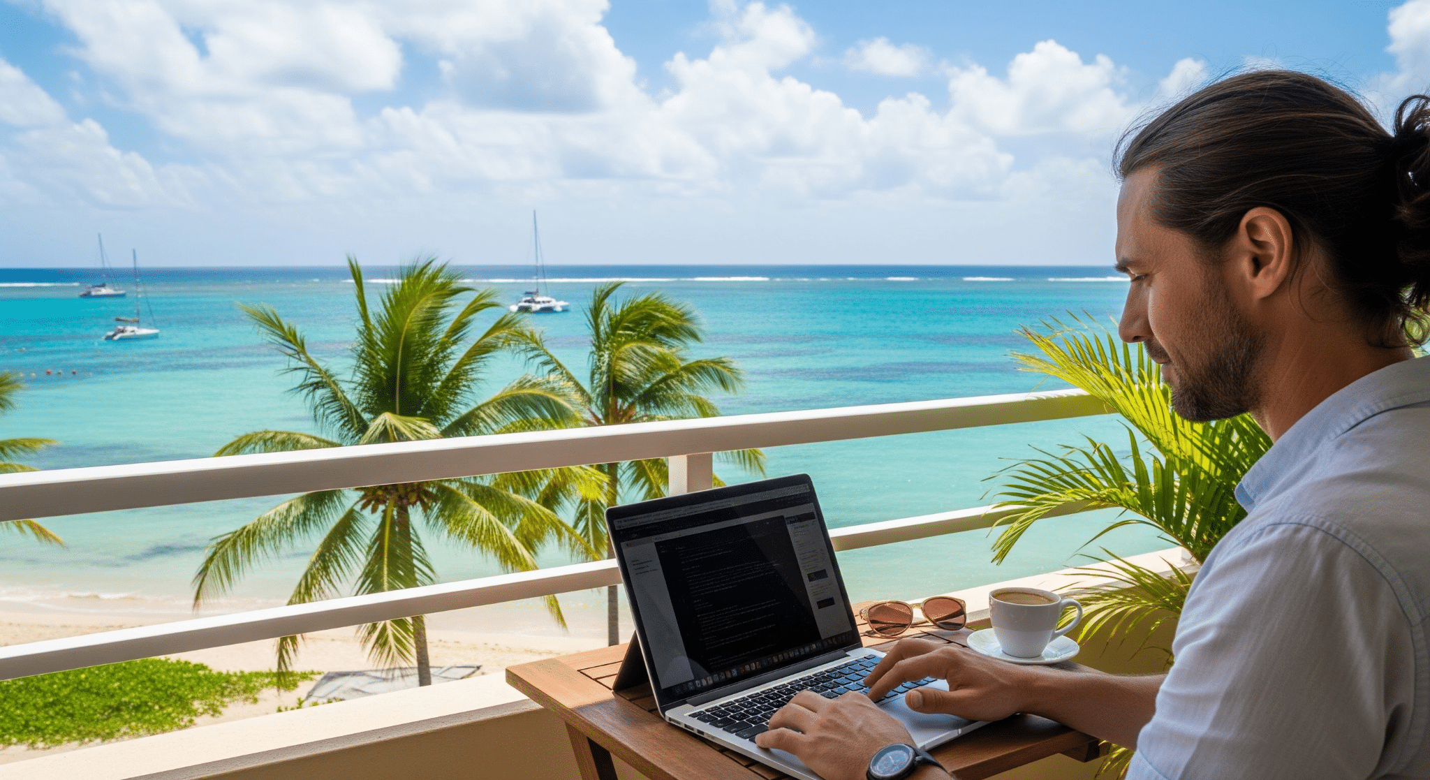 Traveller with laptop in a bar on the beach