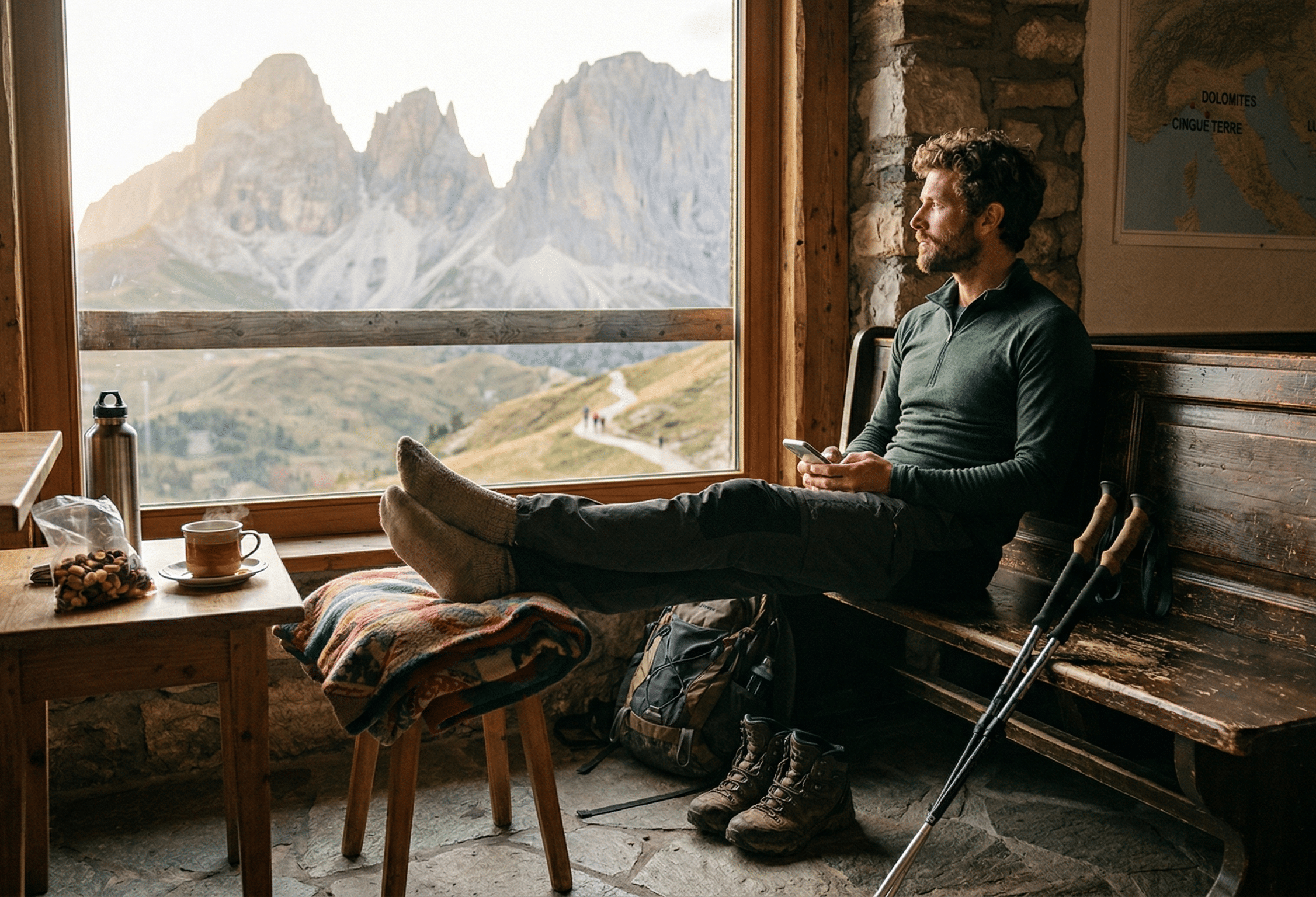 A male hiker relaxes in a rustic mountain refuge with his feet elevated on a stool, looking out a large window at the jagged peaks of the Dolomites. On the table beside him are recovery snacks and a warm drink, capturing the essence of post-trek recovery.