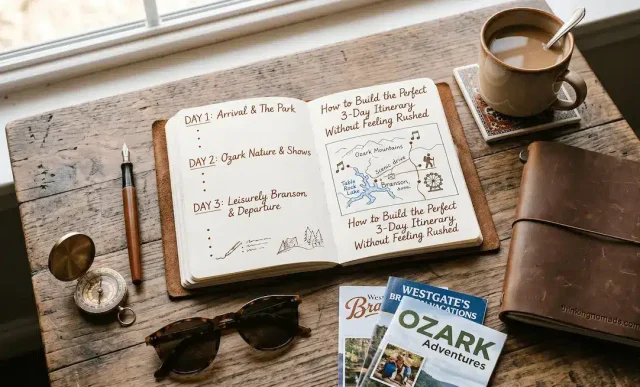 A warm, top-down travel flat lay on a rustic wooden table featuring an open leather journal with a handwritten "3-Day Itinerary" for Branson and the Ozark Mountains. Surrounding the notebook are travel essentials like tortoiseshell sunglasses, a brass compass, a fountain pen, a steaming cup of coffee, and Ozark travel brochures, perfectly capturing a relaxed, well-planned vacation vibe