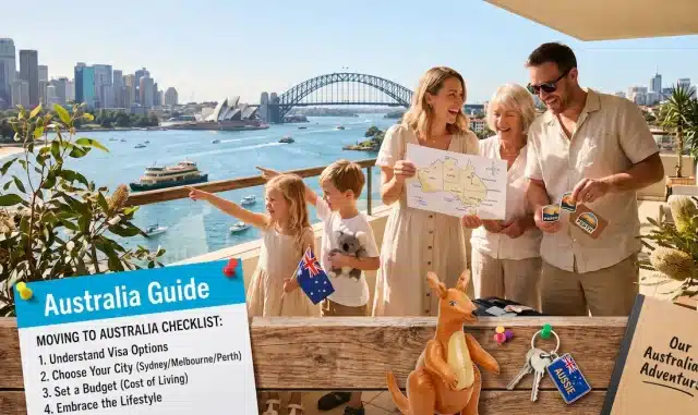 A wide-angle, bright photograph showing a family of five on a balcony with a panoramic view of the Sydney Opera House and Harbour Bridge under a clear blue sky. A woman holds a hand-drawn map of Australia while others look at luggage stickers, and a girl waves an Australian flag next to a stuffed koala. A large infographic in the foreground lists a "Moving to Australia Checklist" beside an inflatable kangaroo and other travel-themed items.
