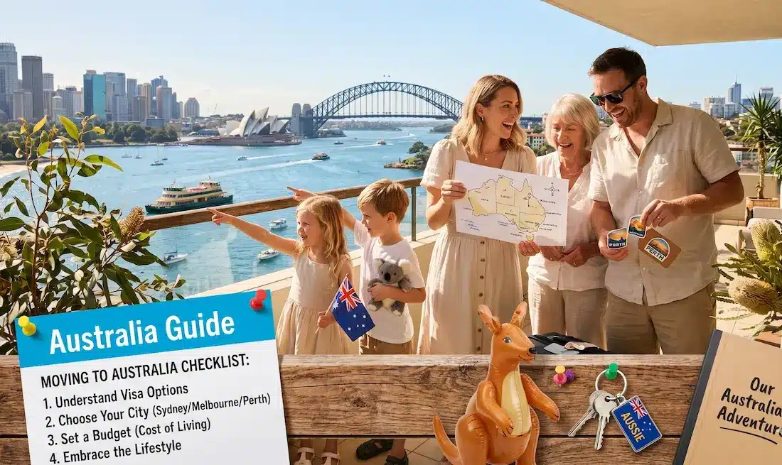 A wide-angle, bright photograph showing a family of five on a balcony with a panoramic view of the Sydney Opera House and Harbour Bridge under a clear blue sky. A woman holds a hand-drawn map of Australia while others look at luggage stickers, and a girl waves an Australian flag next to a stuffed koala. A large infographic in the foreground lists a "Moving to Australia Checklist" beside an inflatable kangaroo and other travel-themed items.