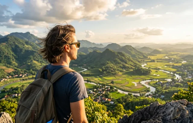 Traveler wearing prescription sunglasses overlooking a panoramic view of lush, green mountains and valleys during sunset.