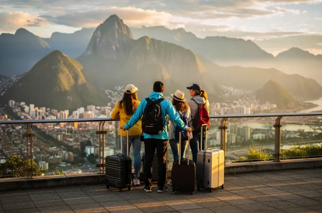 The image shows a group of four travelers, two men and two women, seen from behind as they stand at a high-altitude viewpoint overlooking a coastal city at sunrise or sunset. The group is dressed in practical travel gear, including jackets, hats, and backpacks. Each person has a rolling suitcase beside them on the paved terrace. In the background, dramatic, mist-covered mountain peaks rise sharply above the city, creating a striking silhouette against the soft, golden light of the sky. The city below is dense with buildings, nestled between the mountains and a body of water. The overall mood is one of adventure and anticipation, capturing a moment of arrival or discovery during a journey