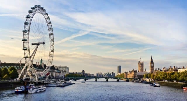 The London Eye and Big Ben overlooking the River Thames at sunset – iconic London attractions.