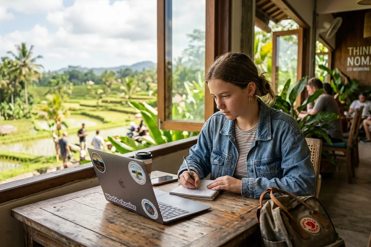 A teenage student studying with a laptop and notebook in a wooden open-air workspace overlooking a tropical landscape, representing nomadic education and school performance.