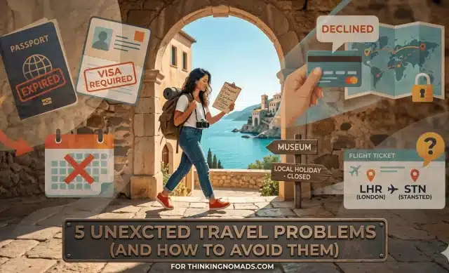 A traveler with a backpack walking through a historic archway, surrounded by digital overlays showing common travel issues like an expired passport, visa requirements, and a declined credit card