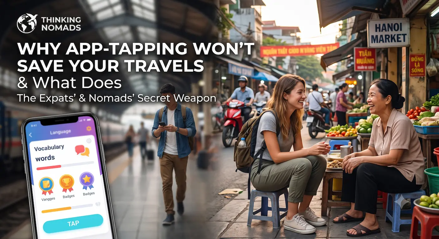 Thinking Nomads blog post banner titled "Why App-Tapping Won't Save Your Travels". On the left, a smartphone displays a gamified vocabulary app at a train station. On the right, a female traveler sits on a plastic stool, laughing and conversing face-to-face with a local woman at a busy Hanoi street market counter